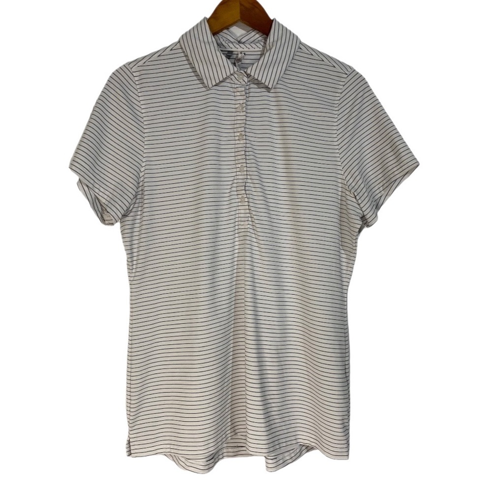 Under Armor White Striped Golf Polo Women Large Fitted Sporty 1/4 Button Collar